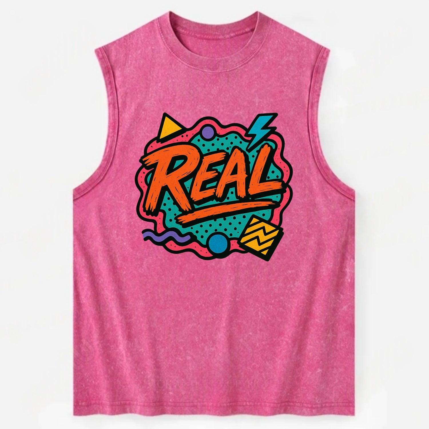 Imperfect brush strokes spelling "Real" - authenticity over perfection, raw - Vintage Washed Tank - Pink
