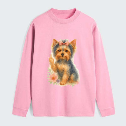 Yorkshire Terrier with topknot bow, one delicate paw flipping off - Classic Long Sleeve Shirt - Pink