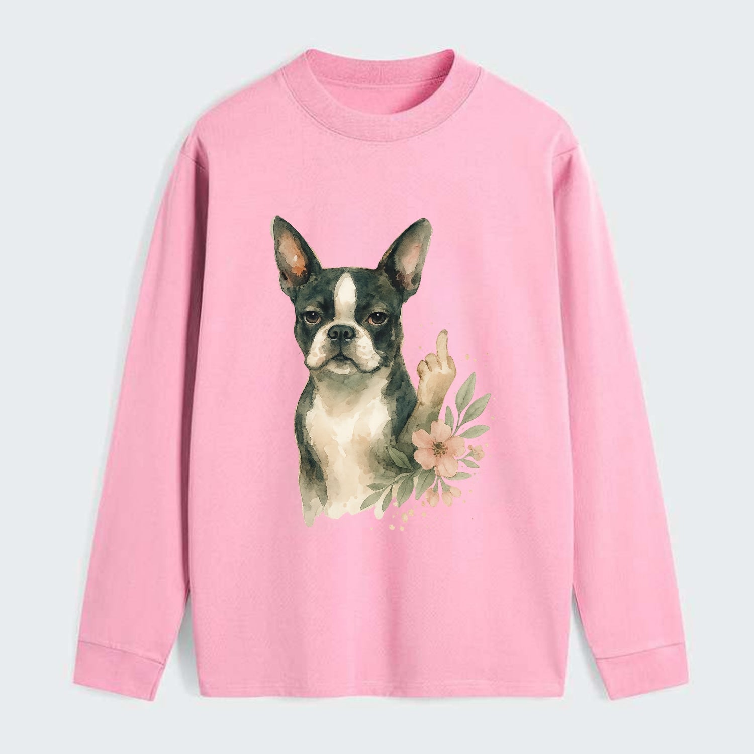 Boston Terrier with tuxedo markings, perky ears, paw up giving sass - Classic Long Sleeve Shirt - Pink