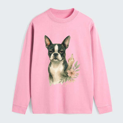Boston Terrier with tuxedo markings, perky ears, paw up giving sass - Classic Long Sleeve Shirt - Pink