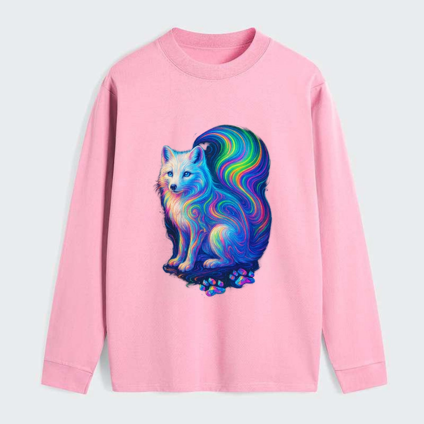 Graceful arctic fox with tail streaming aurora colors, white fur with - Classic Long Sleeve Shirt - Pink