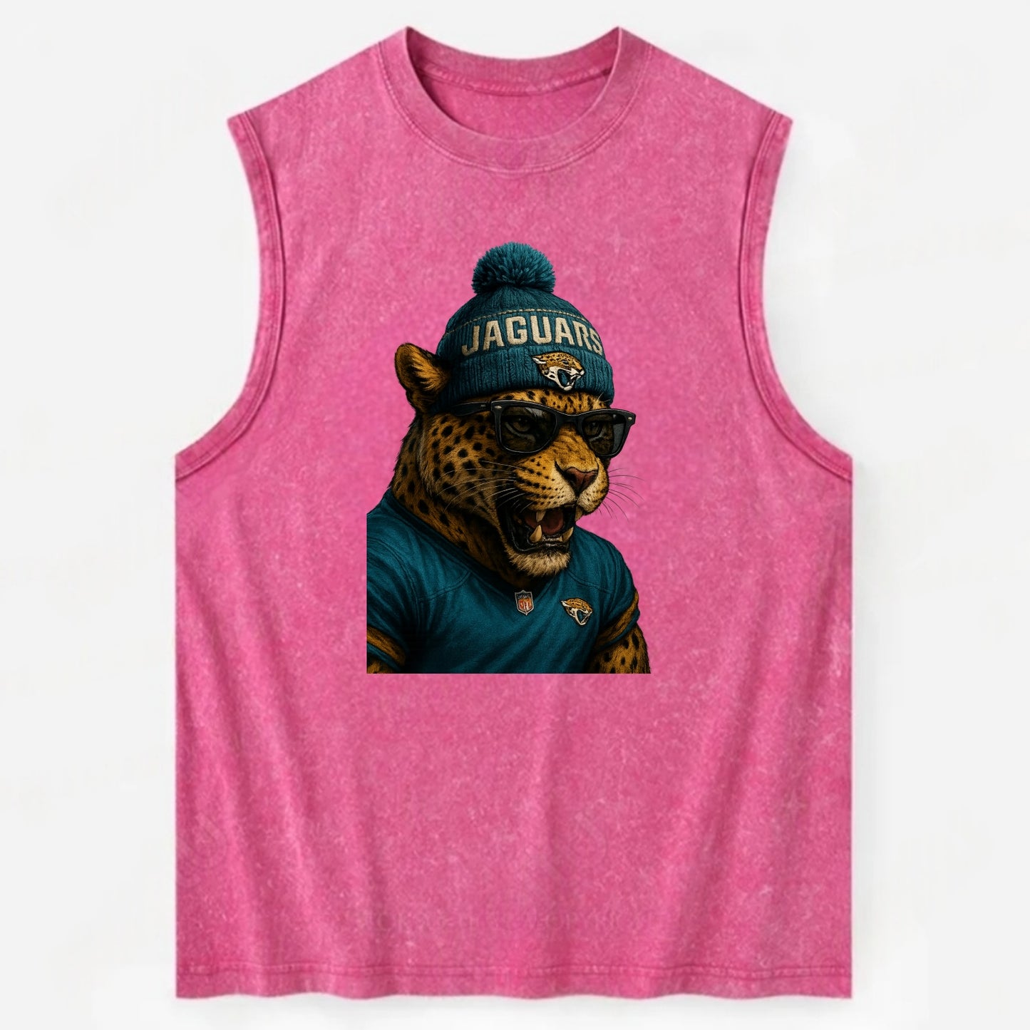 Jacksonville Jaguar wearing Jaguars teal and gold beanie with pom pom and - Vintage Washed Tank - Pink