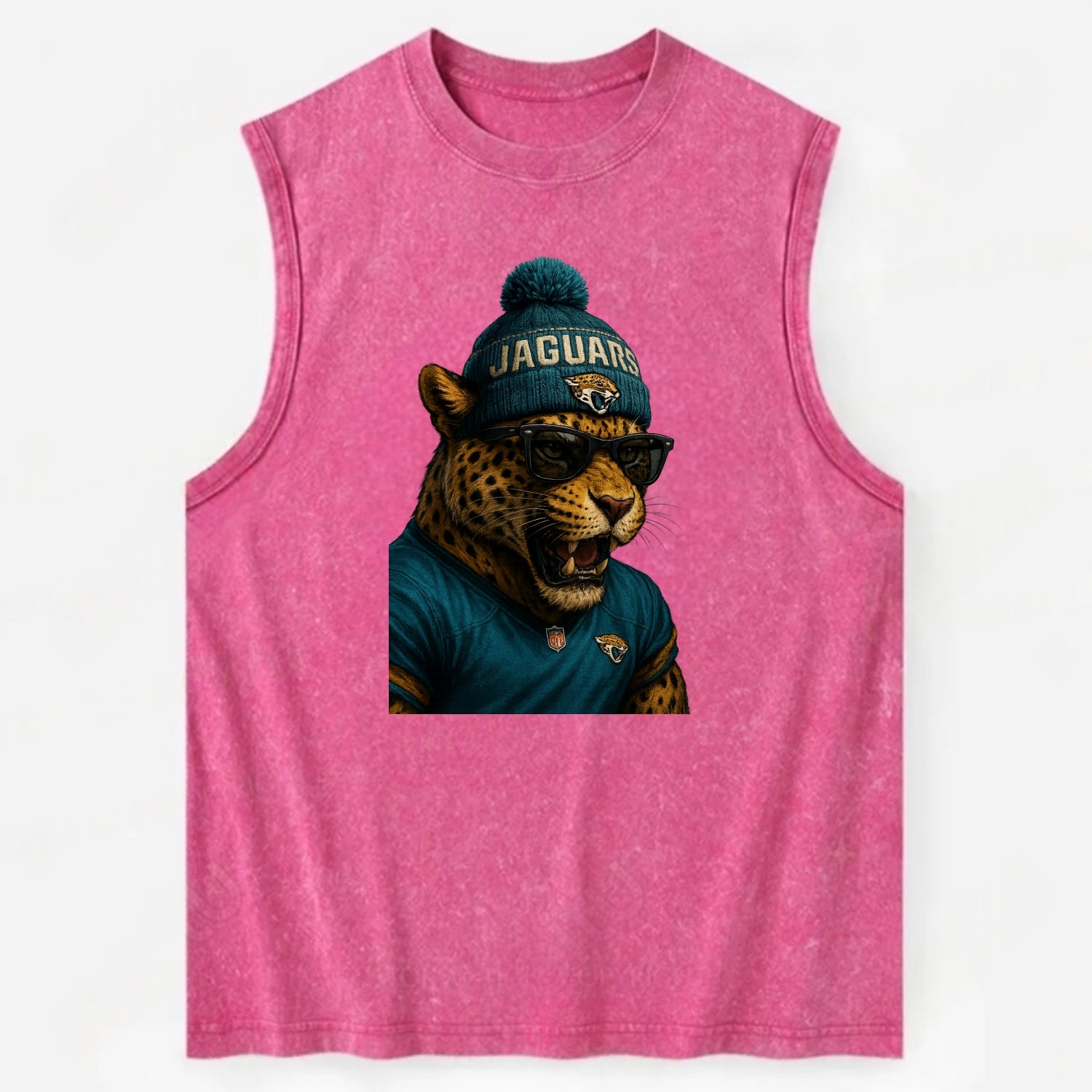 Jacksonville Jaguar wearing Jaguars teal and gold beanie with pom pom and - Vintage Washed Tank - Pink