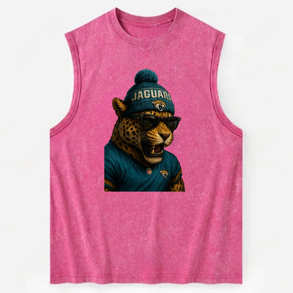 Jacksonville Jaguar wearing Jaguars teal and gold beanie with pom pom and - Vintage Washed Tank - Pink