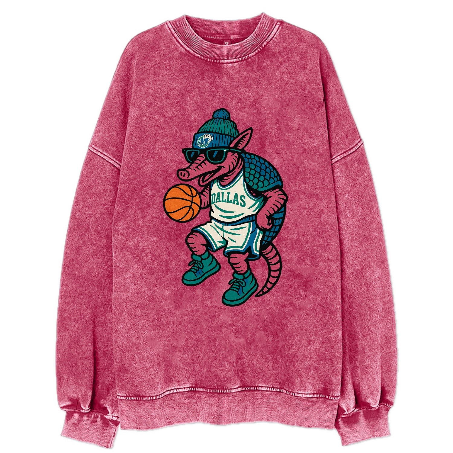 Dallas Armadillo wearing Mavericks beanie with cowboy hat patch and wayfarer - Vintage Sweatshirt - Pink