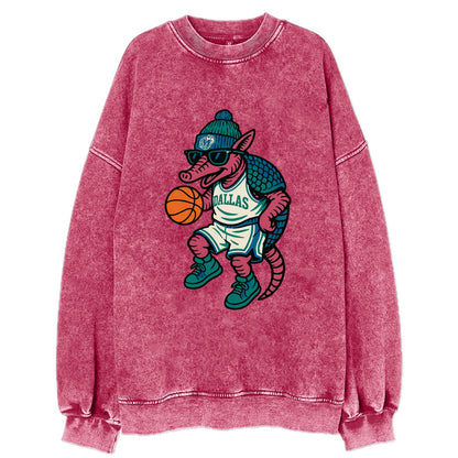 Dallas Armadillo wearing Mavericks beanie with cowboy hat patch and wayfarer - Vintage Sweatshirt - Pink