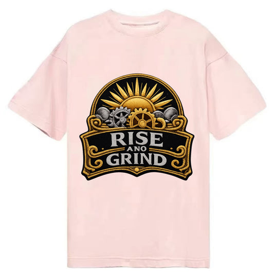 RISE AND GRIND - sun with gears in gold , morning motivation - Classic T-shirt - Pink