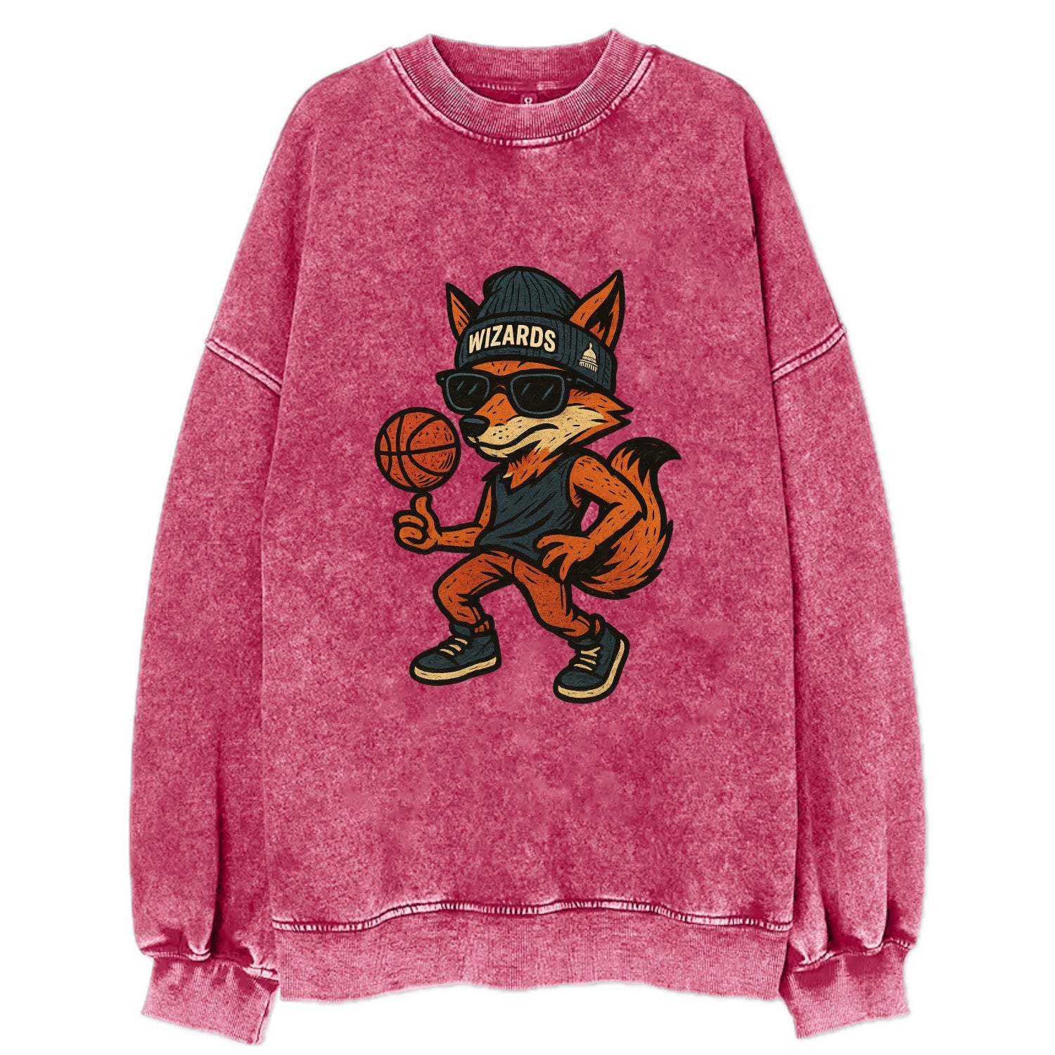 Washington Fox wearing Wizards beanie with capitol patch and wayfarer - Vintage Sweatshirt - Pink