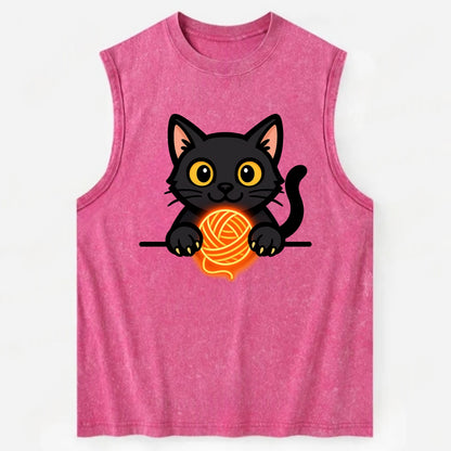 Midnight the black cat popping out of a gift box lid with ribbon trails. - Vintage Washed Tank - Pink