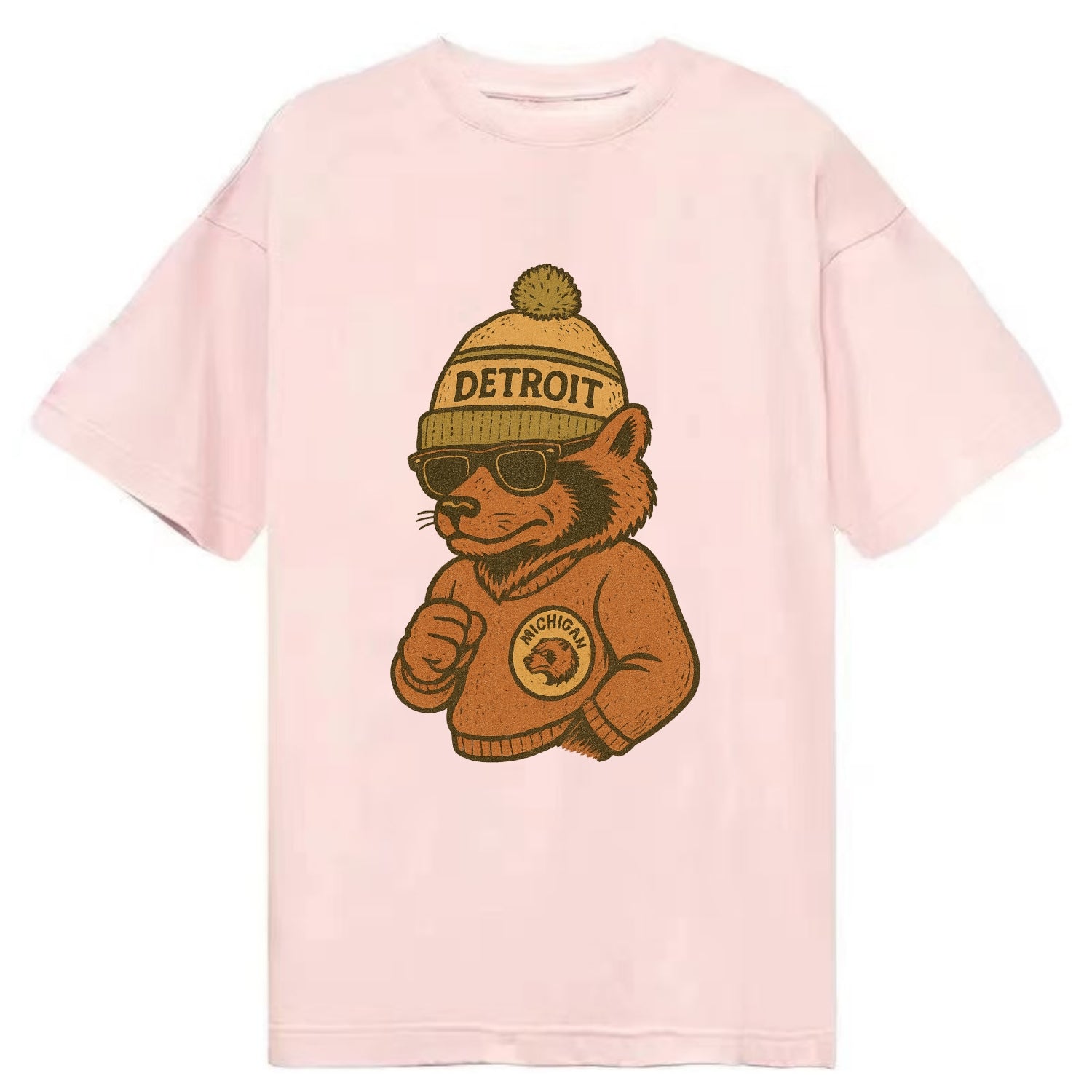 Michigan Wolverine wearing Detroit beanie with pom pom and wayfarer sunglasses - Classic T-shirt - Pink