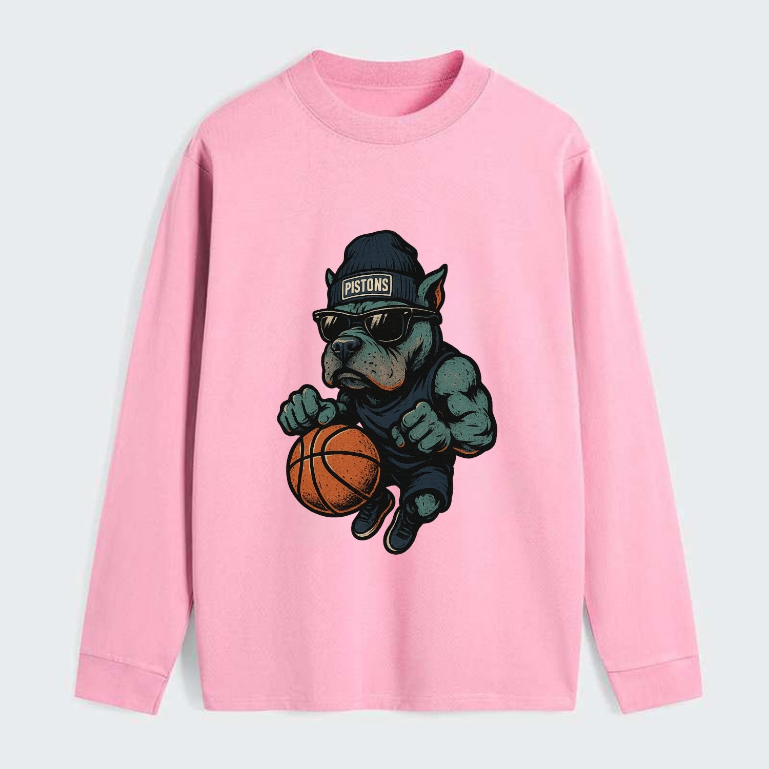 Detroit Pitbull wearing Pistons beanie with chrome patch and wayfarer - Classic Long Sleeve Shirt - Pink