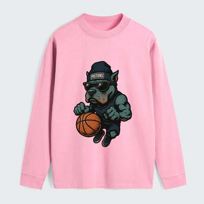 Detroit Pitbull wearing Pistons beanie with chrome patch and wayfarer - Classic Long Sleeve Shirt - Pink