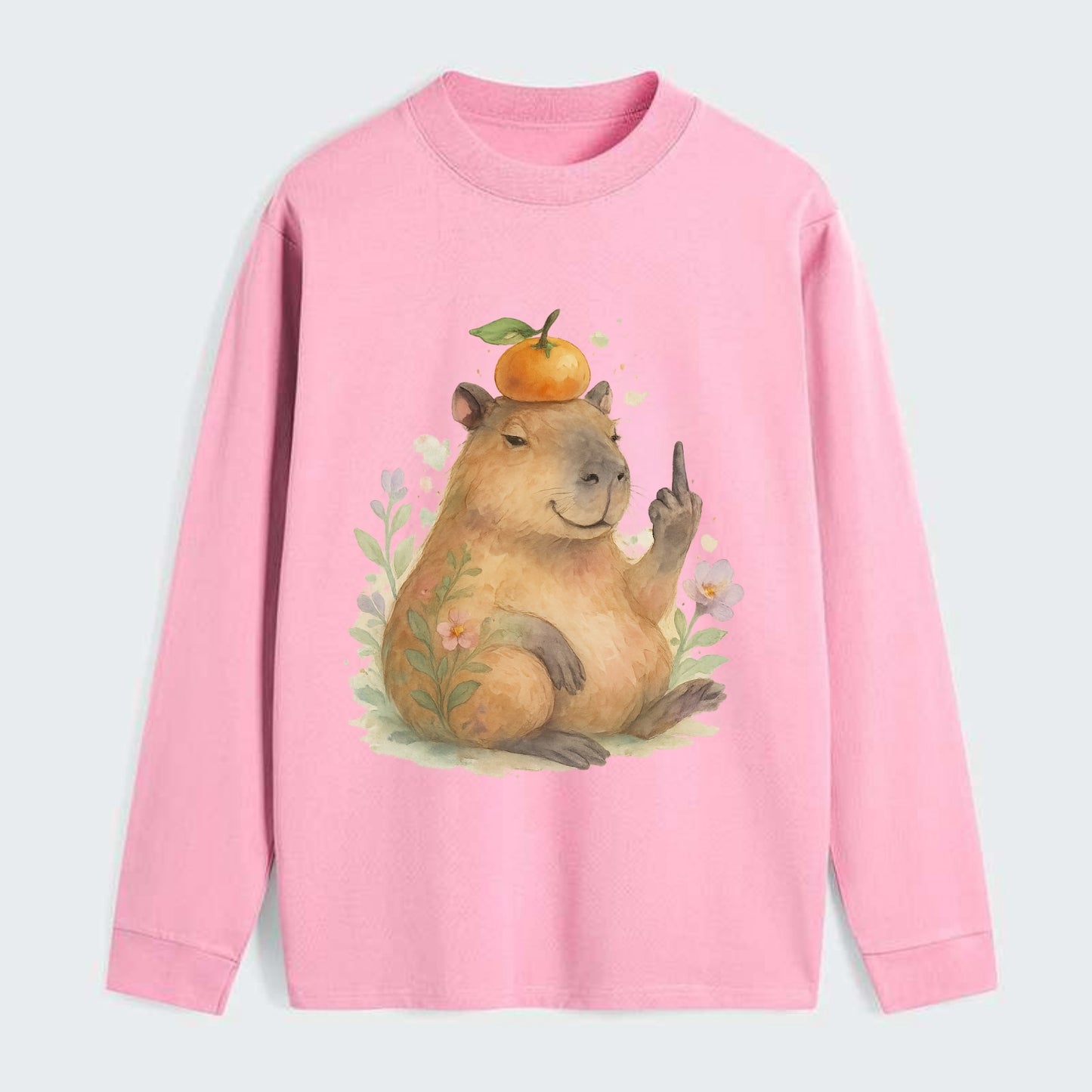 chonky capybara relaxing with orange on head, one webbed middle finger - Classic Long Sleeve Shirt - Pink