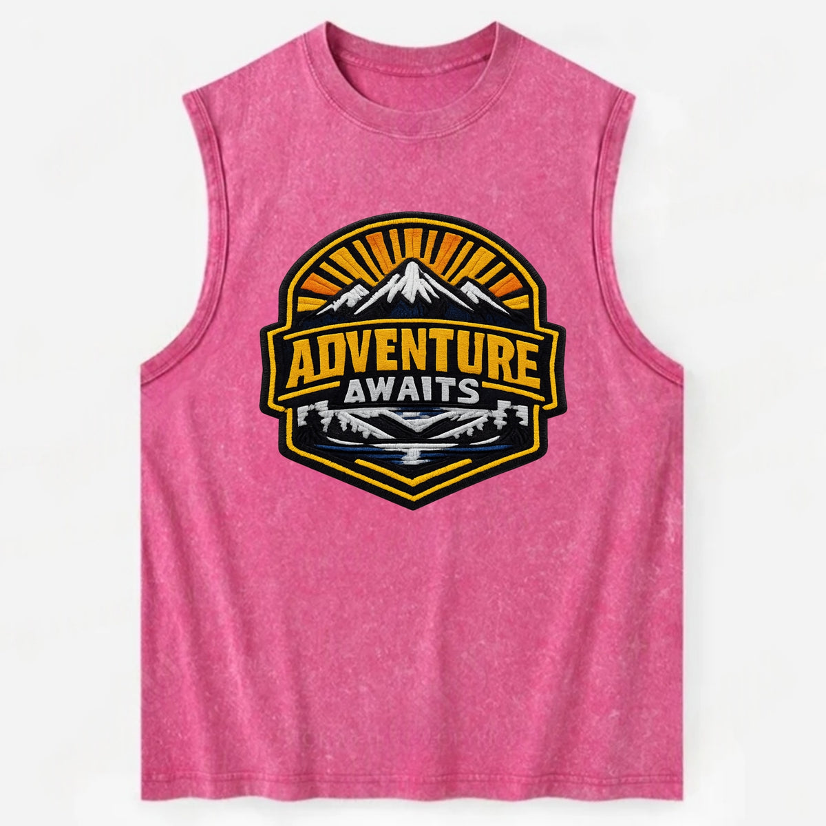 ADVENTURE AWAITS - mountain sunrise with text in gold and blue , wanderlust - Vintage Washed Tank - Pink