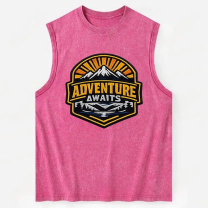 ADVENTURE AWAITS - mountain sunrise with text in gold and blue , wanderlust - Vintage Washed Tank - Pink