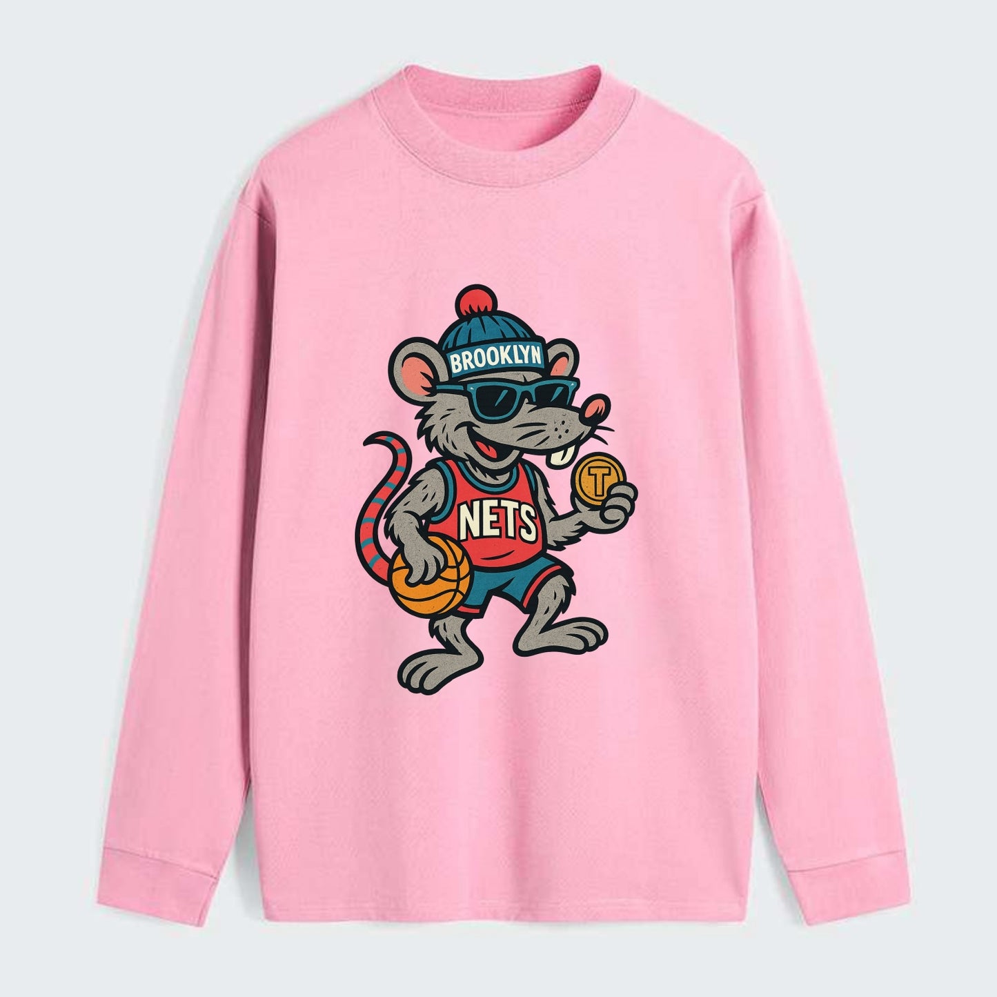 Brooklyn Rat wearing Nets beanie with subway token and wayfarer - Classic Long Sleeve Shirt - Pink