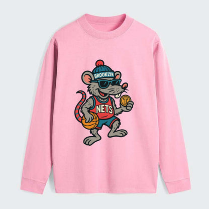 Brooklyn Rat wearing Nets beanie with subway token and wayfarer - Classic Long Sleeve Shirt - Pink