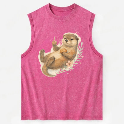 adorable otter floating on back, middle finger up while holding a shellfish - Vintage Washed Tank - Pink