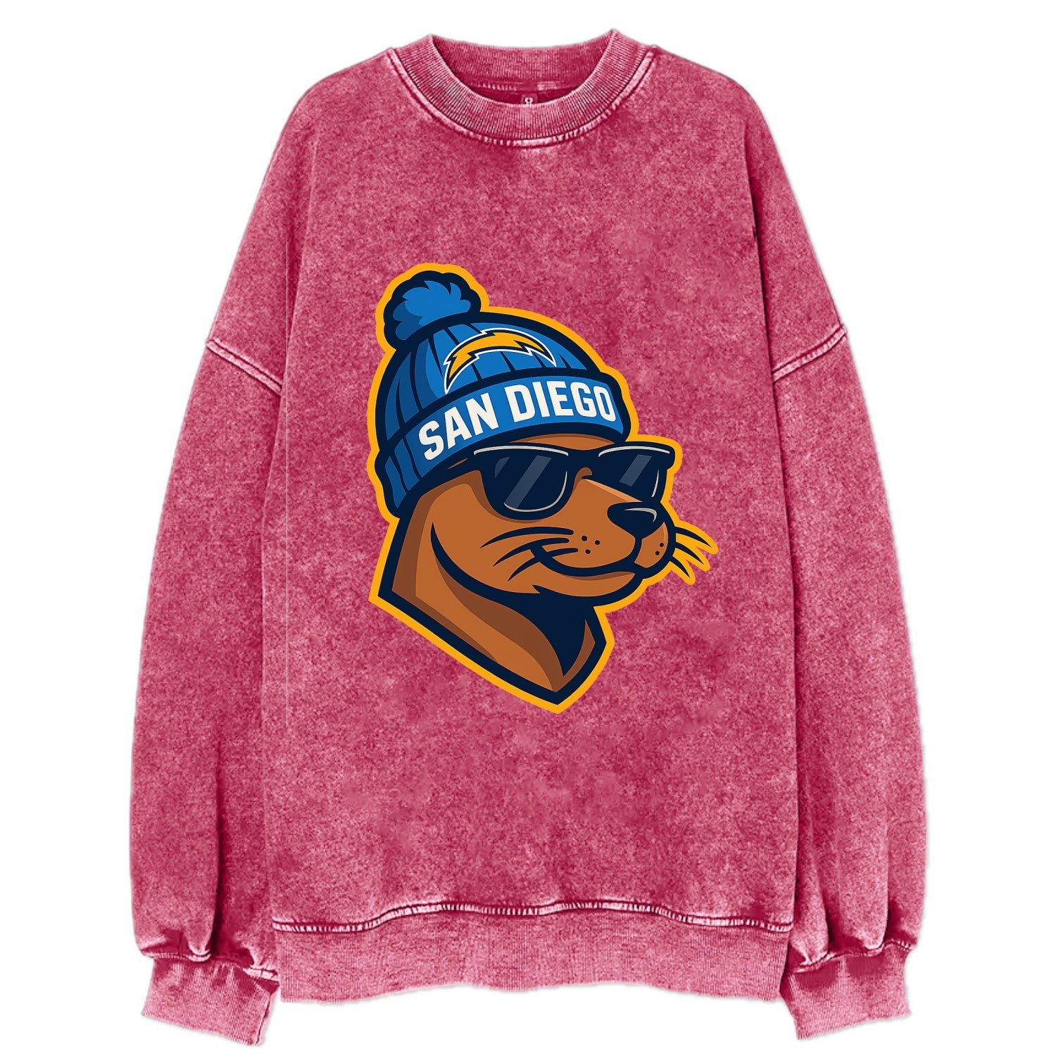 San Diego Sea Lion wearing Chargers beanie with bolt patch and wayfarer - Vintage Sweatshirt - Pink