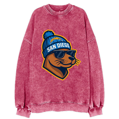 San Diego Sea Lion wearing Chargers beanie with bolt patch and wayfarer - Vintage Sweatshirt - Pink
