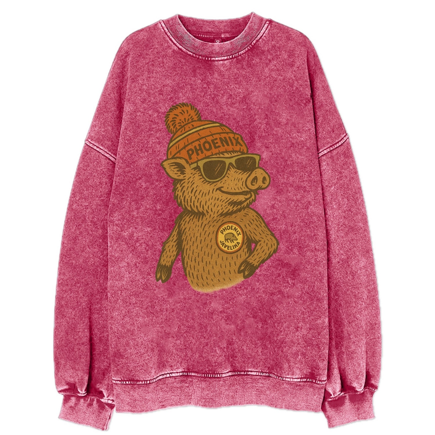 Phoenix Javelina wearing Phoenix beanie with pom pom and wayfarer sunglasses - Vintage Sweatshirt - Pink