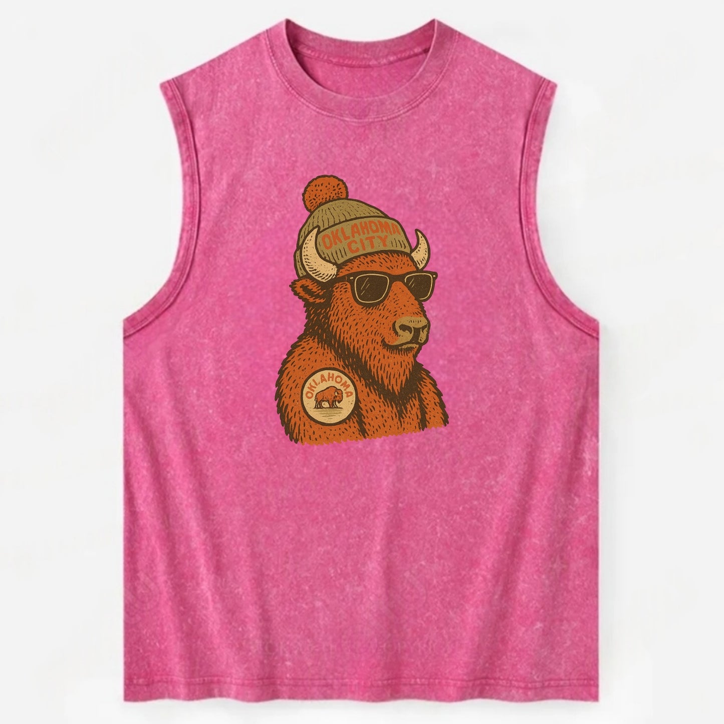 Oklahoma Buffalo wearing Oklahoma City beanie with pom pom and wayfarer - Vintage Washed Tank - Pink