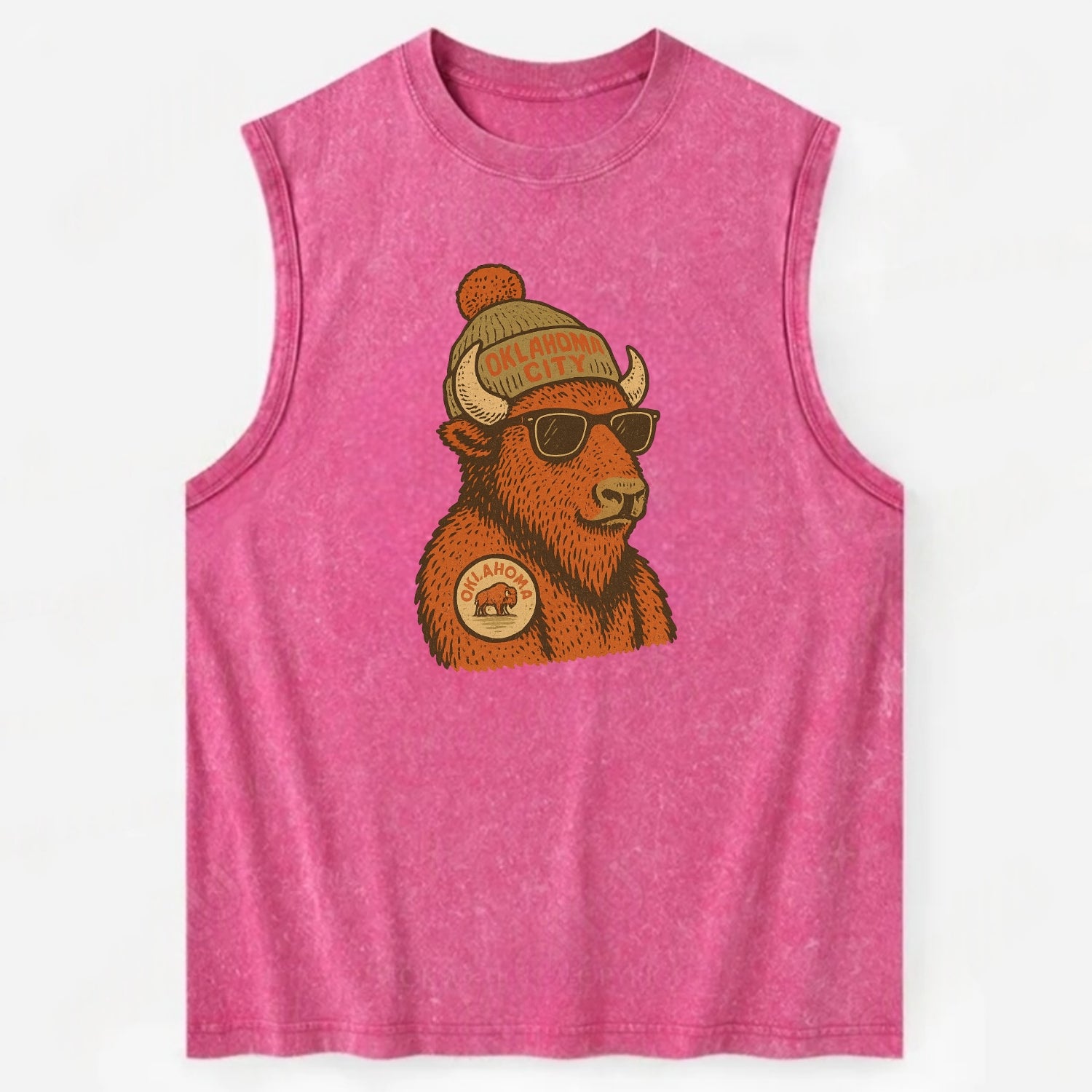 Oklahoma Buffalo wearing Oklahoma City beanie with pom pom and wayfarer - Vintage Washed Tank - Pink