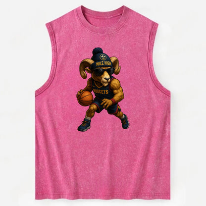 Mile High Bighorn wearing Nuggets beanie with mountain patch and wayfarer - Vintage Washed Tank - Pink