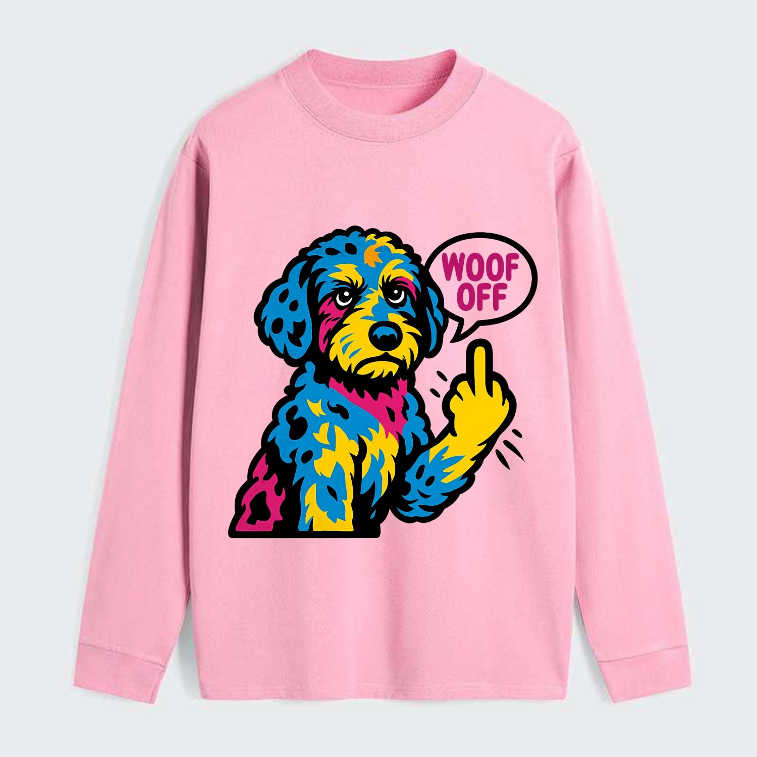 Aussiedoodle with merle patches and curly coat, playful smart paw raised - Classic Long Sleeve Shirt - Pink