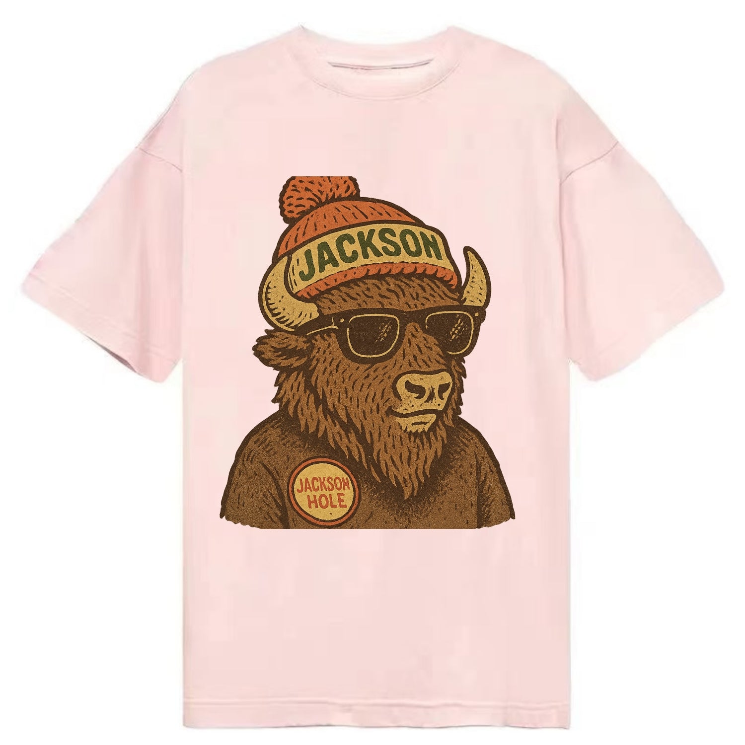 Jackson Hole Bison wearing Jackson beanie with pom pom and wayfarer sunglasses - Classic T-shirt - Pink