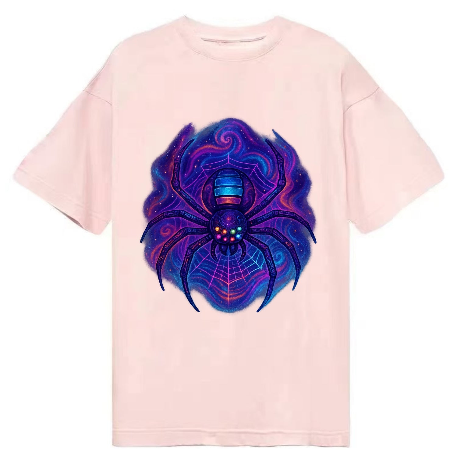 Tech spider with legs showing circuit board patterns, web glowing in neon grid - Classic T-shirt - Pink