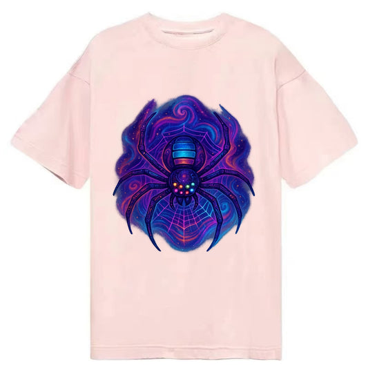 Tech spider with legs showing circuit board patterns, web glowing in neon grid - Classic T-shirt - Pink