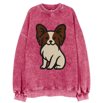 Papillon - White with brown ears sitting Vintage Sweatshirt - Pink
