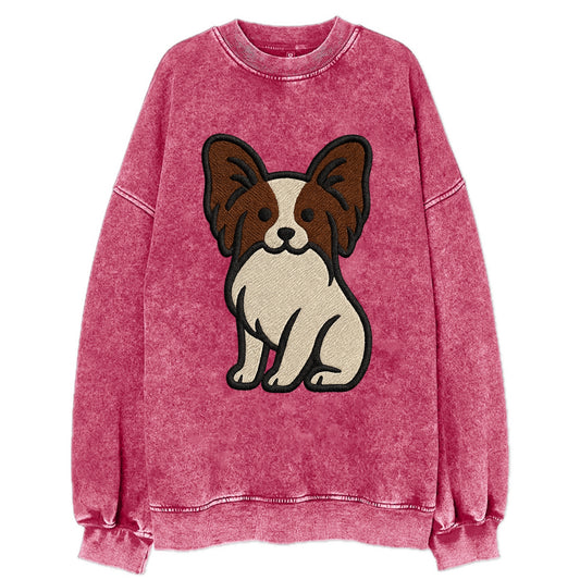 Papillon - White with brown ears sitting Vintage Sweatshirt - Pink