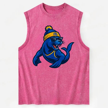 Bay Area Sea Lion wearing Warriors blue and gold beanie with Golden Gate and - Vintage Washed Tank - Pink