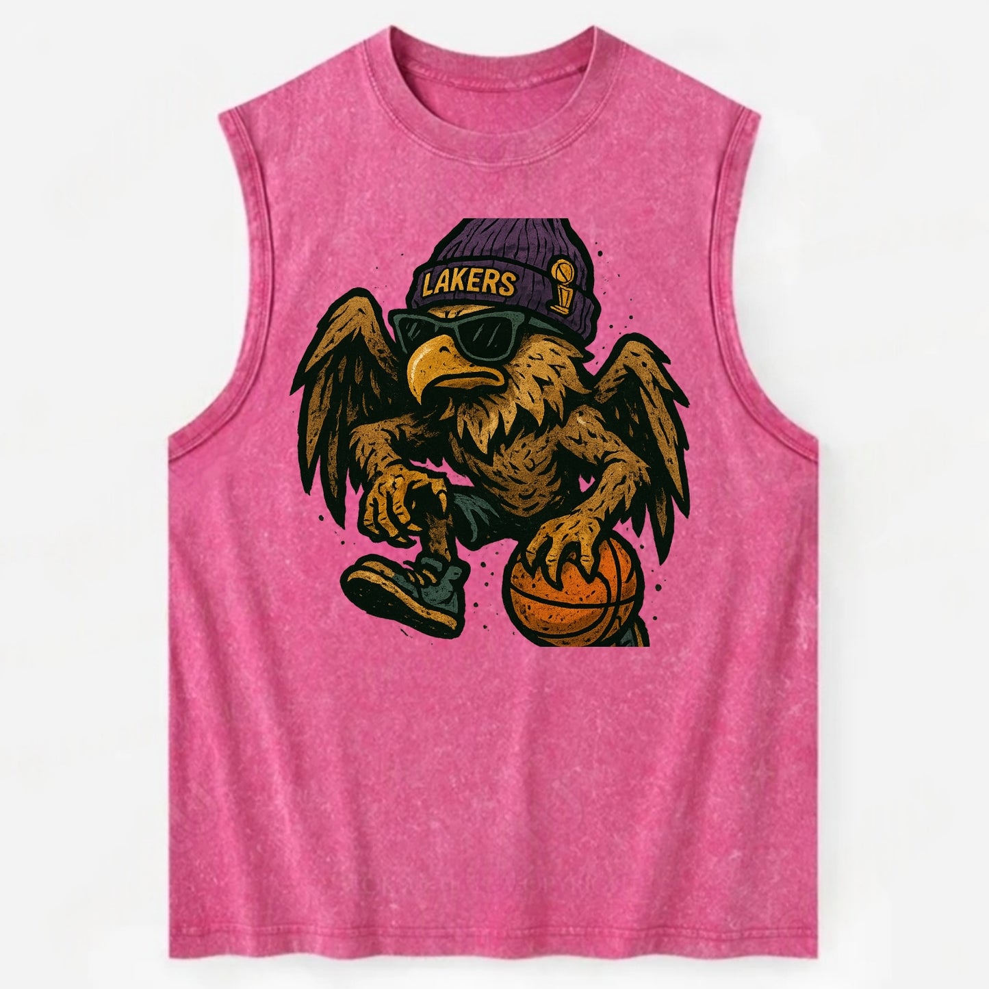 Los Angeles Golden Eagle wearing Lakers beanie with trophy patch and wayfarer - Vintage Washed Tank - Pink