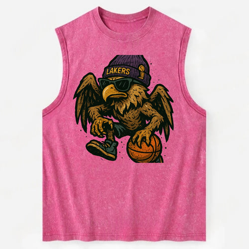Los Angeles Golden Eagle wearing Lakers beanie with trophy patch and wayfarer - Vintage Washed Tank