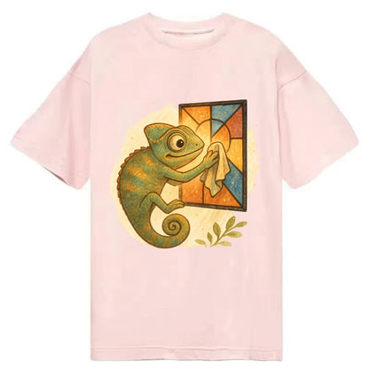 Chameleon blending into a stained-glass window it is polishing with delicate - Classic T-shirt - Pink