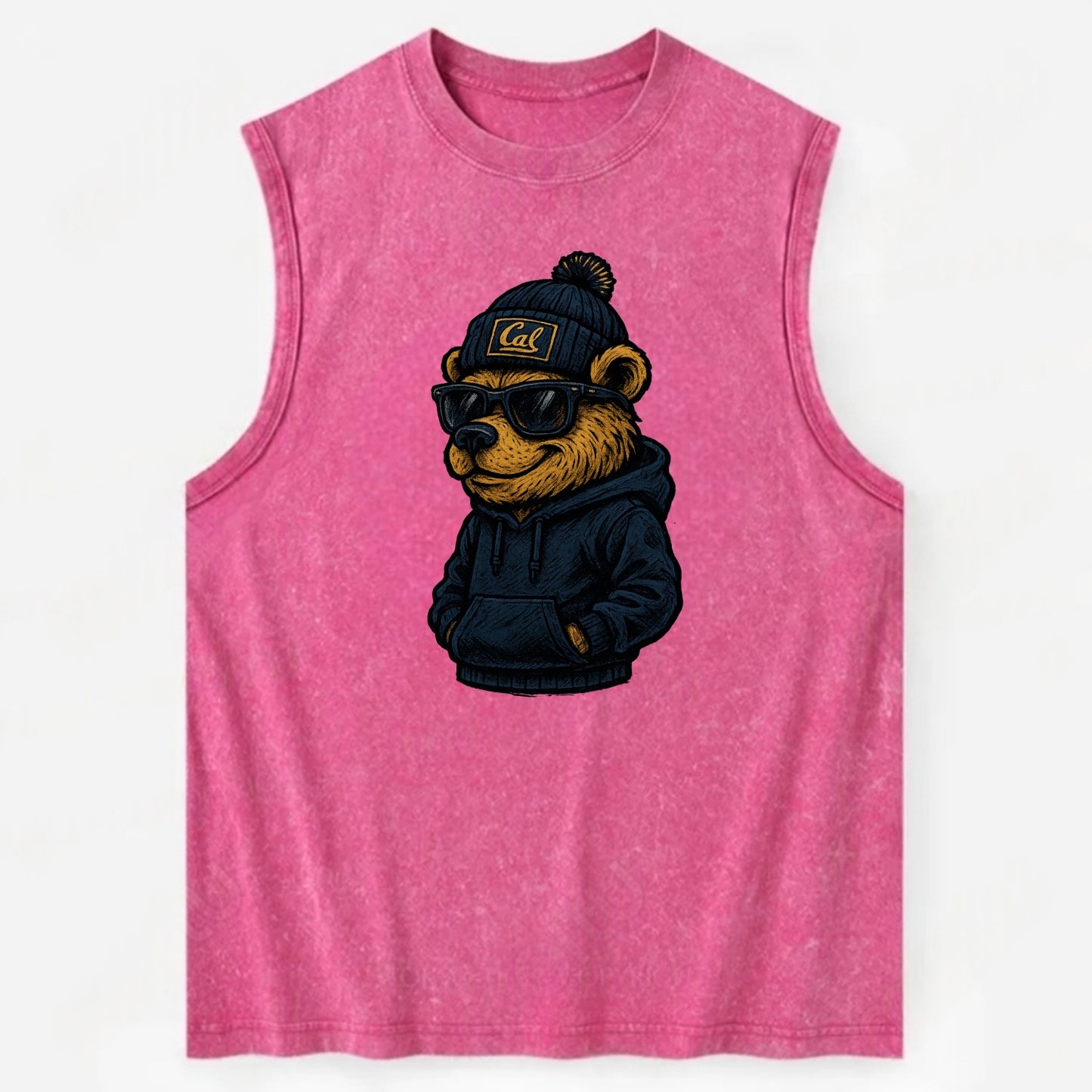 Berkeley Bear wearing Cal beanie with script patch - Vintage Washed Tank - Pink
