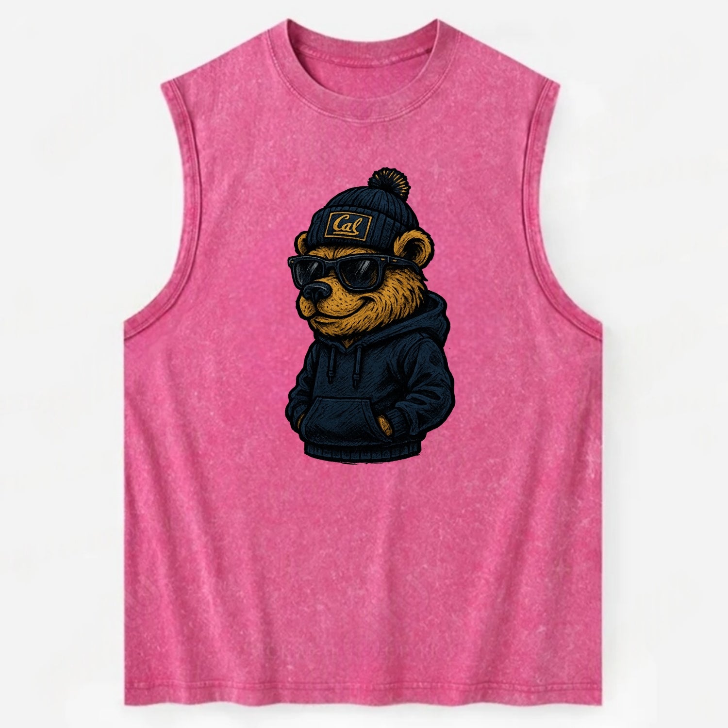 Berkeley Bear wearing Cal beanie with script patch - Vintage Washed Tank - Pink