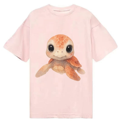 Baby Loggerhead Turtle - reddish-brown shell, big round dark eyes, chunky head, - Classic T-shirt - Pink