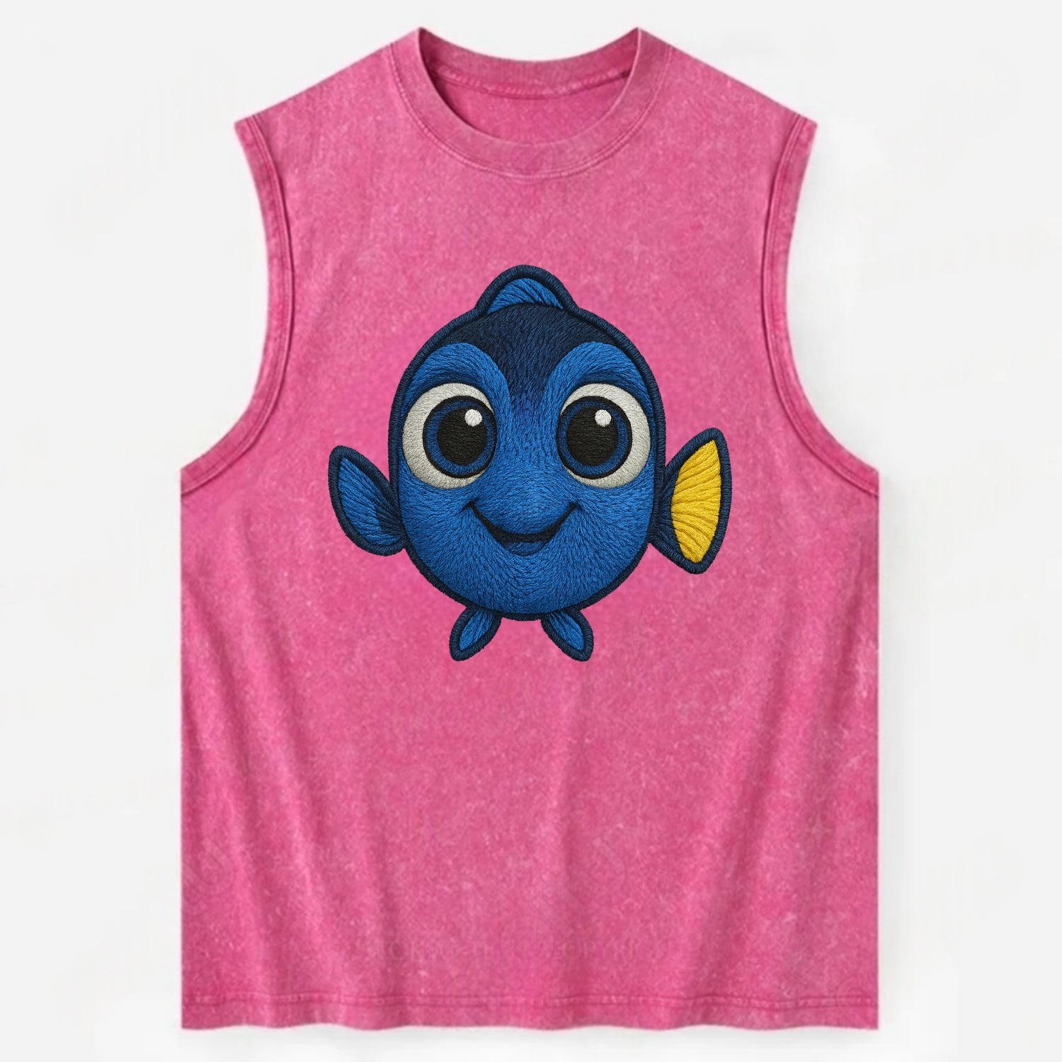 Baby Blue Tang - bright blue with yellow tail, big eyes, front-facing, - Vintage Washed Tank - Pink