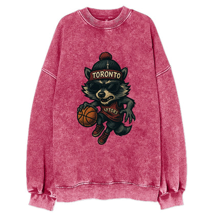 Toronto Raccoon wearing Raptors beanie with CN Tower patch and wayfarer - Vintage Sweatshirt - Pink
