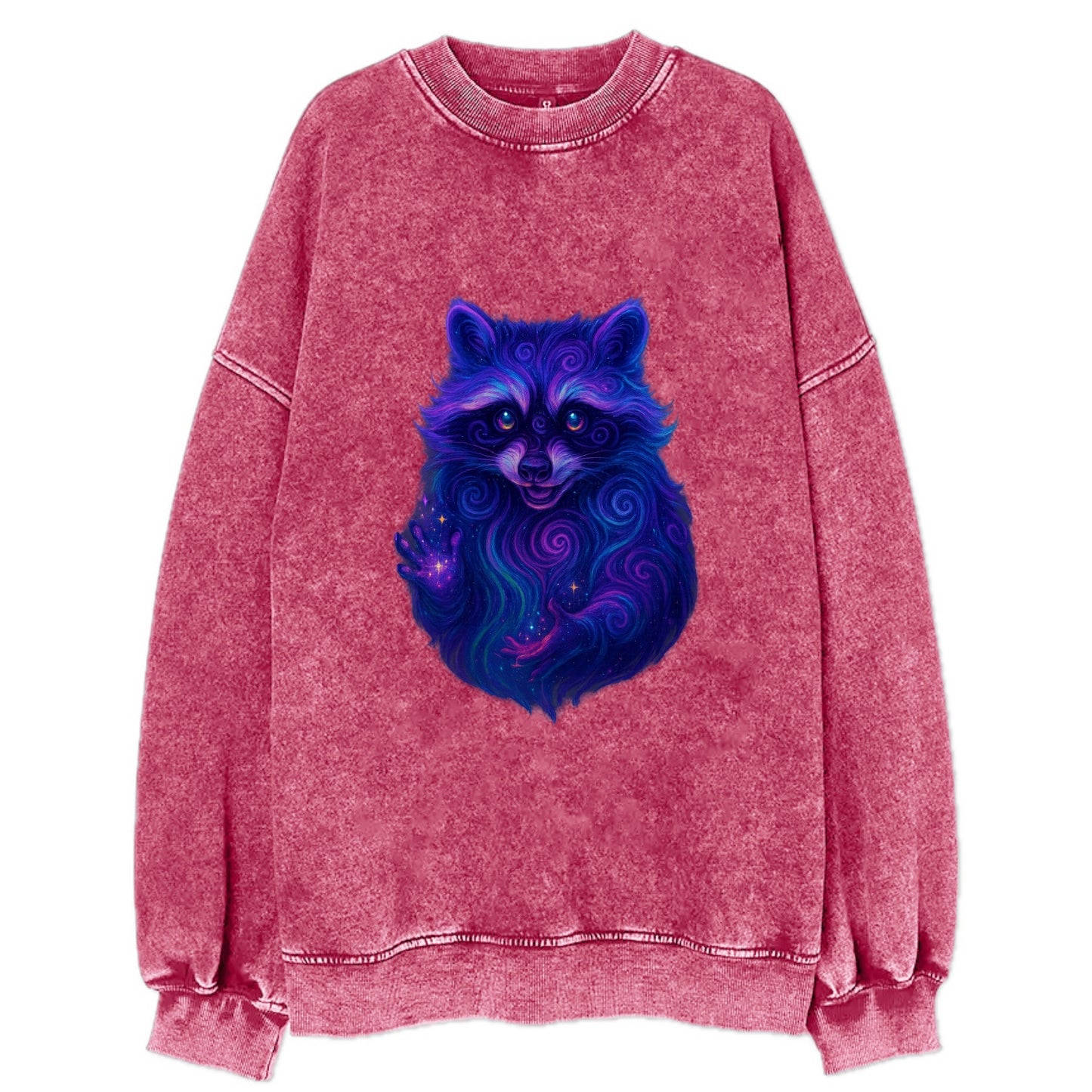 Playful raccoon with mask swirling in hypnotic patterns, neon purple and green - Vintage Sweatshirt - Pink