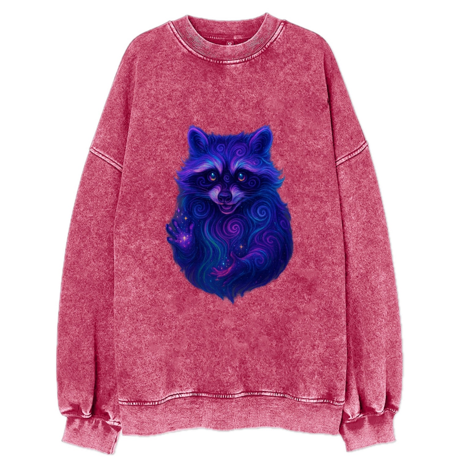 Playful raccoon with mask swirling in hypnotic patterns, neon purple and green - Vintage Sweatshirt - Pink
