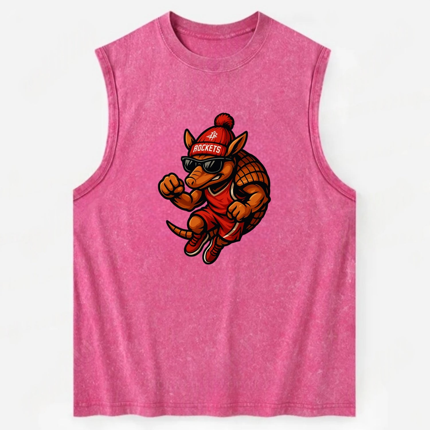 Houston Armadillo wearing Rockets red and silver beanie with rocket ship and - Vintage Washed Tank - Pink