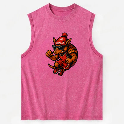 Houston Armadillo wearing Rockets red and silver beanie with rocket ship and - Vintage Washed Tank - Pink