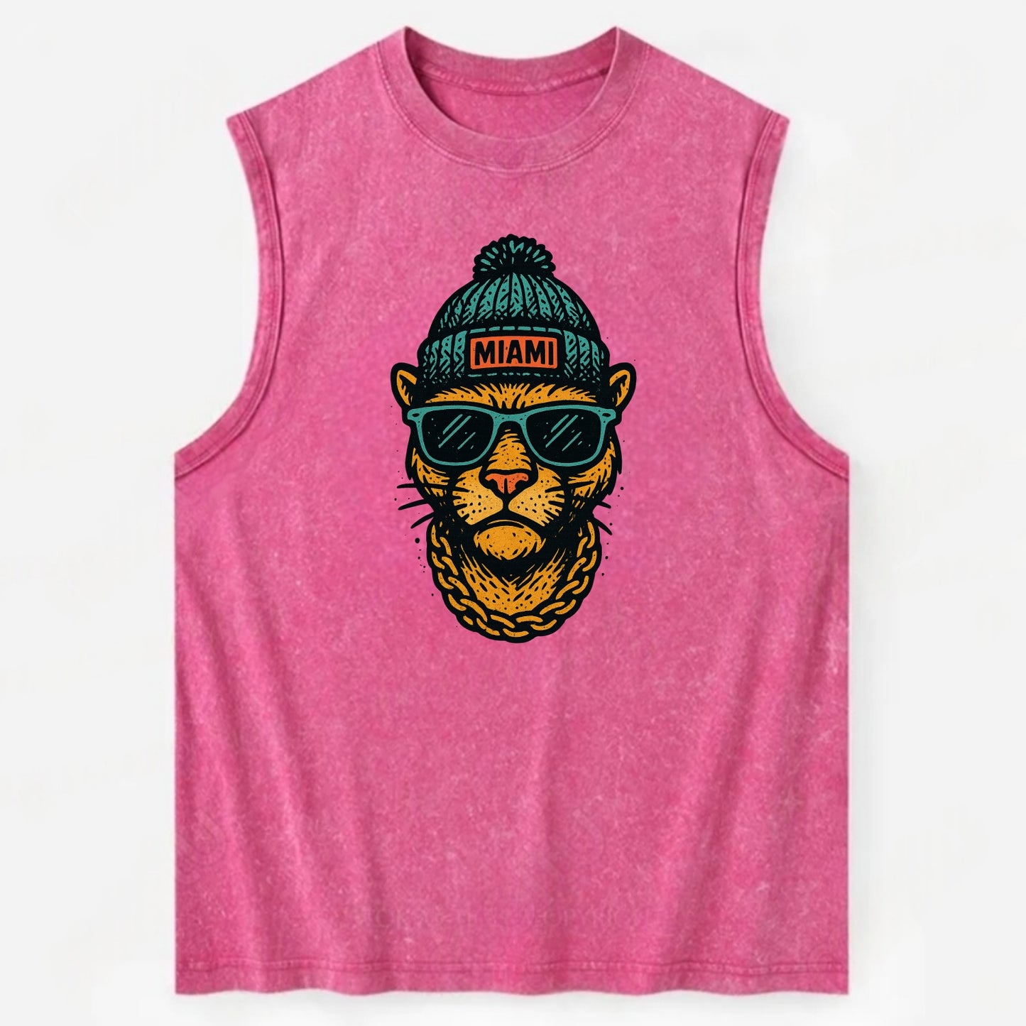 Florida Panther wearing Miami beanie with pom pom and wayfarer sunglasses - Vintage Washed Tank - Pink