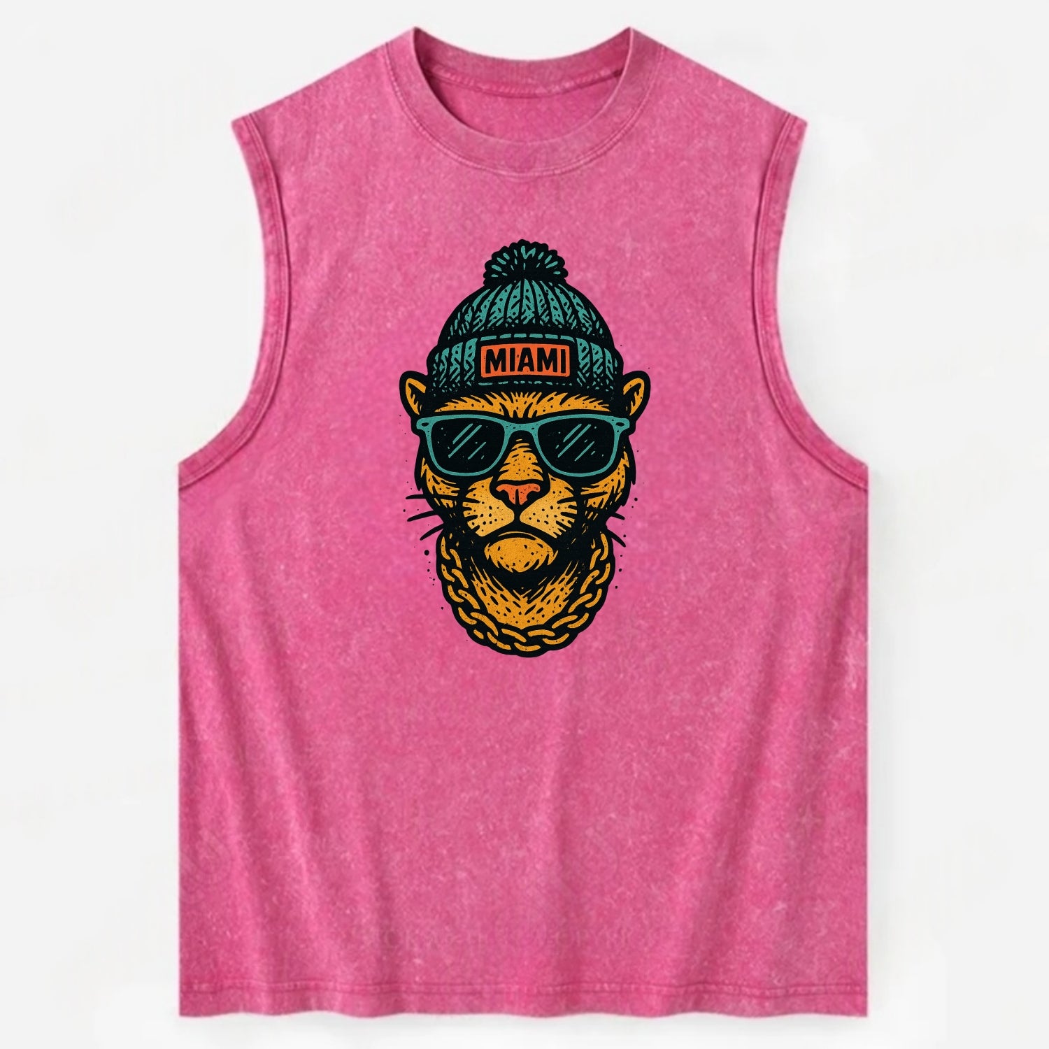 Florida Panther wearing Miami beanie with pom pom and wayfarer sunglasses - Vintage Washed Tank - Pink