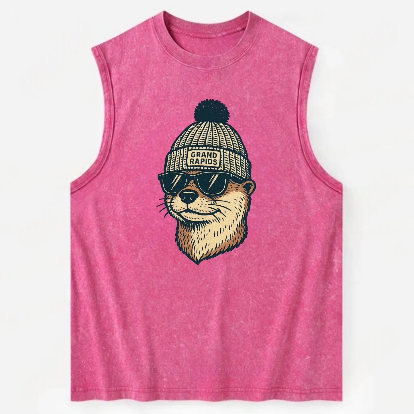 Grand Rapids River Otter wearing Grand Rapids beanie with pom pom and - Vintage Washed Tank - Pink